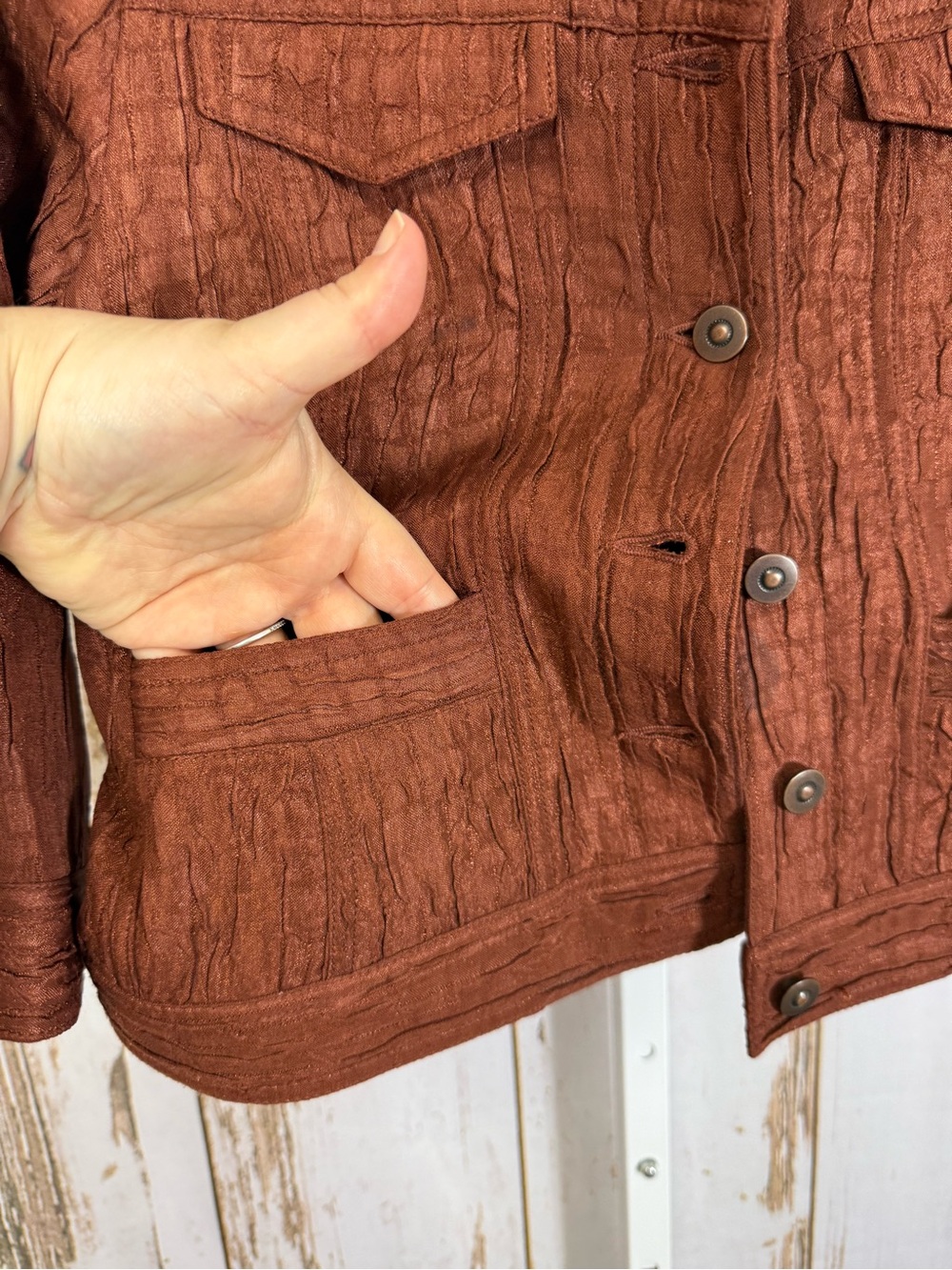 Ruby Rd., Rust Textured Button-Front Jean Style Jacket. Size 4P. Excellent cond! - Picture 2 of 6